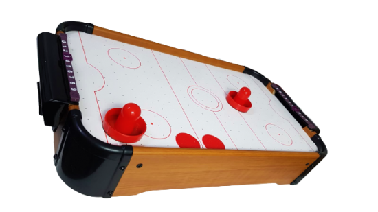 משחקי חשיבה לילדים משחק הוקי בסגנון הוקי קרח שולחן גדול מעץ חזק ואיכותי עם מפוח אויר חשמלי ודיסקית מרחפת גודל המארז 52/32